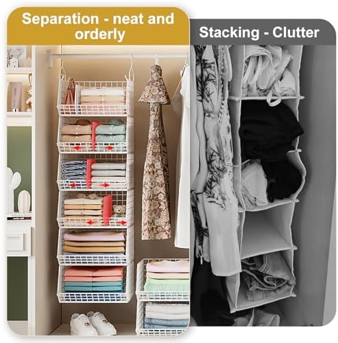 Jautokerdar 6 Tier Extra Large Hanging Closet Organizer, Closet Storage Hanging with Dividers, Wire Closet Shelf with 5 S Hooks 4 Dividers,Sweater Handbag Hat Accessory Storage Hanger,White - Image 6