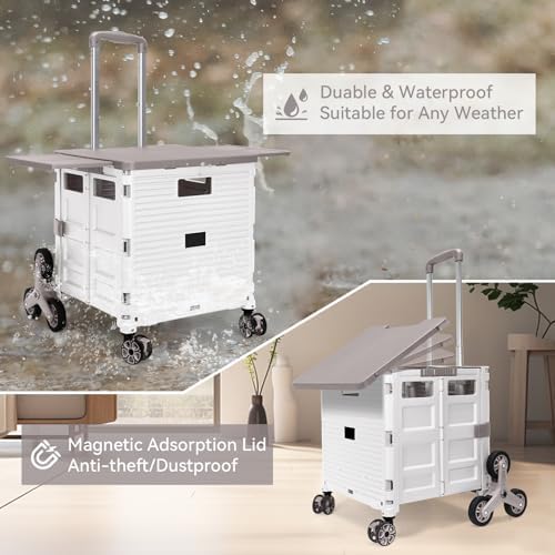 Foldable Utility Cart Portable Crate Rolling Dolly with Telescopic Handle,Can be Pulled diagonally, Magnetic Retractable Lid, 360°Swivel Climbing Wheels for Shopping Carrying Groceries Move White - Image 5