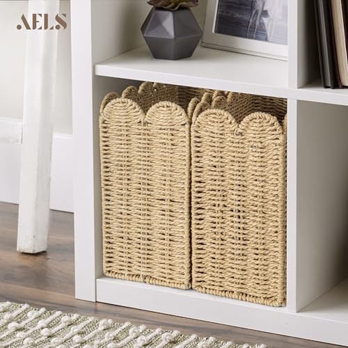 AELS Woven Natural Fibre Magazine Holder, Scalloped Edge Floor Magazine Rack, Hand-woven Organizer, Boho Modern Farmhouse Book Basket, File Newspaper Mail Holder for Office - Image 4