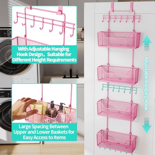 HapiRm Over Door Organizer Storage - Hanging Door Organizer with 4 Metal Large Capacity Baskets and Adjustable Coat Hook for Bathroom Bedroom Kitchen Pantry Closet Cabinet - Image 5