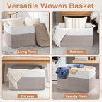 75L Large Blanket Storage Basket with Handles - White & Brown - Image 4