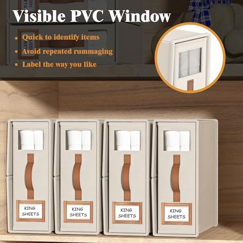 4 Pack Foldable Bed Sheets Set Organizers and Storage(King & Queen Size),Linen Fabric Closet Organizers with Window,Folding Bedding Storage Box for Bedsheets and Pillow Cube Organizer-Beige - Image 4