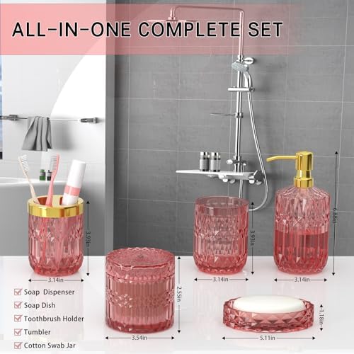 New Pink Glass Bathroom Accessories Set 5 Pcs, Pink Bathroom Set, Soap Dispenser and Toothbrush Holder Set, Qtip Holder Set, Vintage Bathroom Sink Set, Cute Bathroom Decor - Image 6