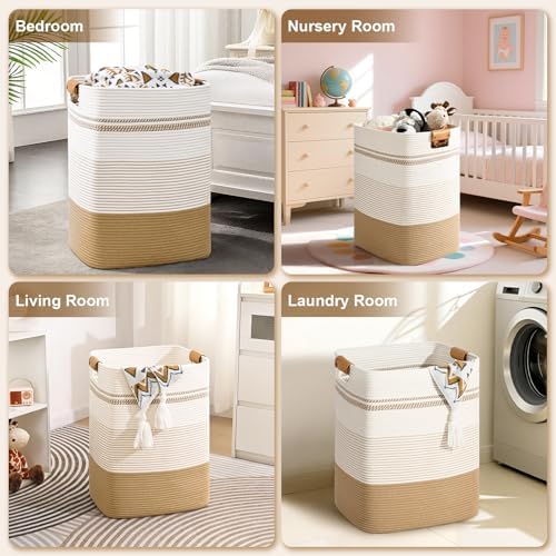 Laundry Hamper, 75L Tall Laundry Basket with Leather Handles, Rectangle Large Clothes Hamper for Organizing, Cotton Woven Laundry Baskets Storage Hampers for Bedroom, Nursery, Living Room - Image 6