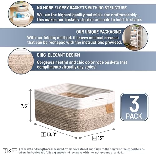 NaturalCozy Storage Baskets 16.8”x13”x7.6” Cotton Rope Woven Baskets for Organizing 3-Pack | Toy Storage Bins | Basket for Shelves, Laundry, Blanket, Clothes, Closet, Kitchen, Bathroom, Gifts - Image 2