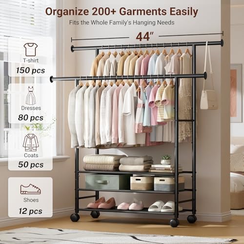 SLEEPING LAMB 44" Double Rods Clothes Rack for Hanging Clothes, Sturdy Wardrobe Clothing Rack with 3 Tier Shelves, Portable Rolling Garment Rack With Wheels for Bedroom, Laundry Living Room, Black - Image 2