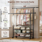 SLEEPING LAMB 44" Double Rods Clothes Rack for Hanging Clothes, Sturdy Wardrobe Clothing Rack with 3 Tier Shelves, Portable Rolling Garment Rack With Wheels for Bedroom, Laundry Living Room, Black - Image 2