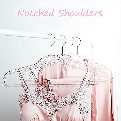 Pink Clothes Hangers 16", 20 Pack Plastic Clear Coat Hanger for Adult Closet, Durable Bling Ganchos de Ropa with Swivel Hook, Notched Shoulders & Ultra-Thin Space Saving Laundry Hanger for Dress Suits - Image 3