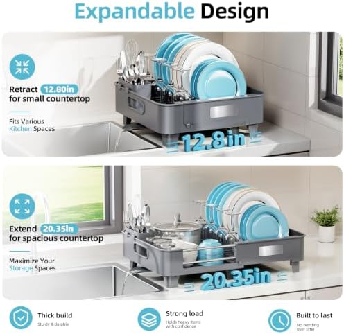 TOOLF Extendable Dish Drying Rack for Small Kitchen Counter, Gray - Image 3