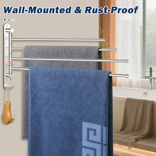 NearMoon Swivel Towel Rack, 19.5" Thicken 304 Stainless Steel 4-Arm Towel Bar, Space Saving Wall Mounted Towel Holder with Hook, Rustproof Swing Out Towel Hanger for Bathroom, Kitchen (Matte Black) - Image 4