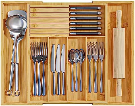 Silverware Organizer with Removable Knife Block - Bamboo Utensil Organizer for Kitchen Drawers Expandable Cutlery Organizer W12.8-20.2" x L16 x H2 (Yellow) by WUSHIZHUHUN