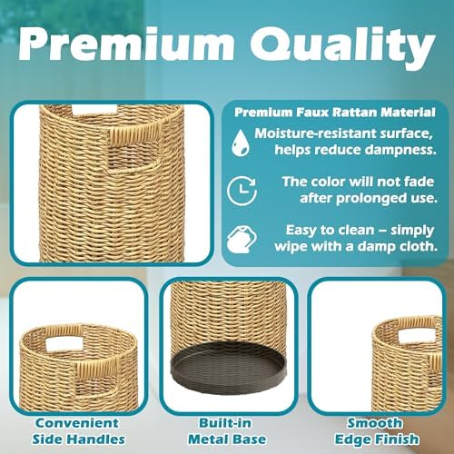 Rattan Umbrella Holder 21" H X 10" D, Handmade Wicker Umbrella Stand Indoor with Dip Tray, Sturdy Umbrella Holders for Entryway, Umbrella Bucket Fits Mudroom,Walking Canes,Home,Office (Oak) - Image 4