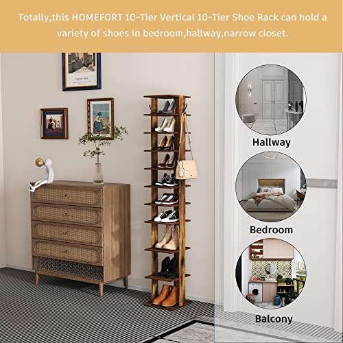 HOMEFORT 10-Tier Vertical Shoe Rack, Corner Shoe Tower, Slim Shoe Organizer with Two Hanging Hooks, Wooden Shoe Storage Stand for Entryway, Hallway, Closet, Rustic Brown - Image 5