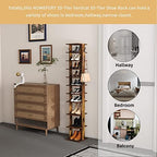HOMEFORT 10-Tier Vertical Shoe Rack, Corner Shoe Tower, Slim Shoe Organizer with Two Hanging Hooks, Wooden Shoe Storage Stand for Entryway, Hallway, Closet, Rustic Brown - Image 5