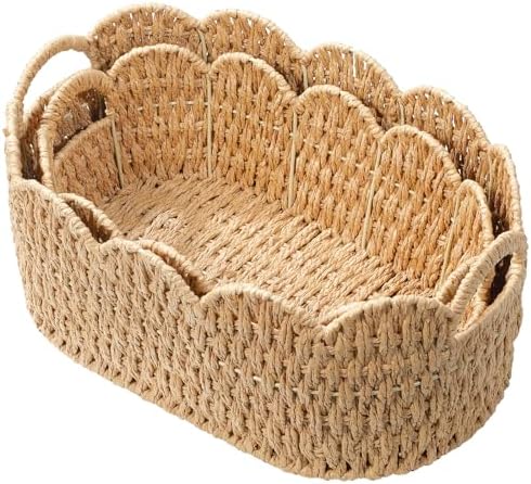 Coeusy Paper Rope Scalloped Basket Set of 2, Wicker Storage Baskets for Shelves,Gifts,Books,Toys,Cute Decor Rattan Baskets for Organizing,Natural Color by WEAVECOMFORTINTOEVERYCORNER