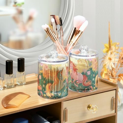 Qtip Holder Dispenser for Cotton Ball, Cotton Swab, Cotton Round Pads Clear Plastic Apothecary Blue Pink Unicorn Jar Set for Bathroom Canister Storage Organization, Vanity Makeup Organizer - Image 6