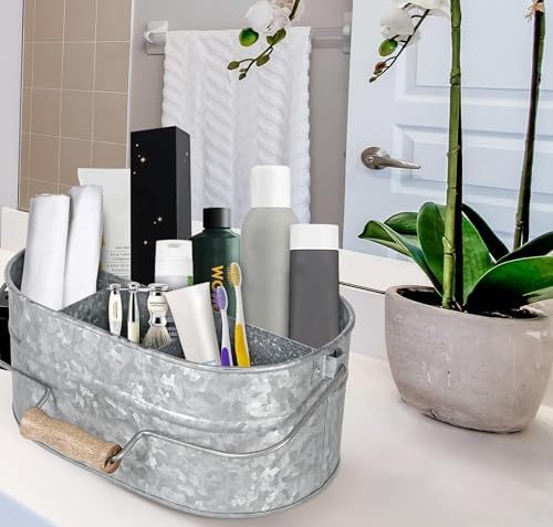 Alpha Living Home Galvanized Metal Utensil Caddy - Rustic Farmhouse Organizer Metal Garden Caddy with 4 Compartments and Wooden Handle for Kitchen, Buffet & Outdoor Events (Silver) - Image 5