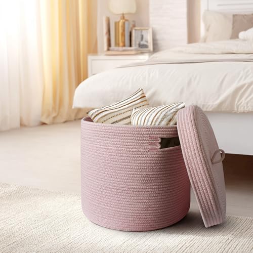 Storage Basket with Lid, Woven Blanket Storage for Living Room, Soft Cotton Rope Bin with Lid, Round Wicker Laundry Basket with Cover, Lidded Kid Dog Toy Box, Nursery Organizer, 15"x13", Pink - Image 7