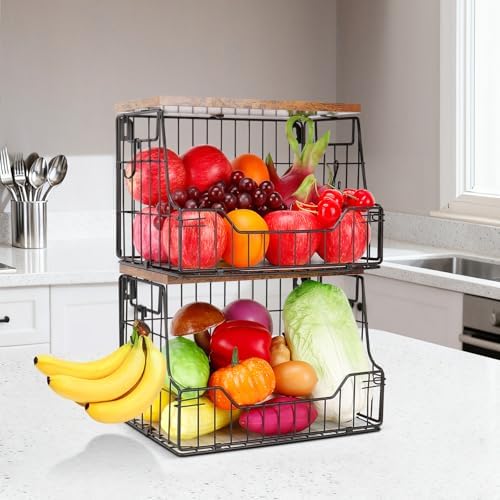 Livabber Fruit Basket for Kitchen, Metal Fruit Vegetable Storage Bin with 2 Banana Hangers, Countertop Wire Basket Organizer for Snack Potato Onion, Screw Mounted or Stand (Black, 2 Pack) - Image 2