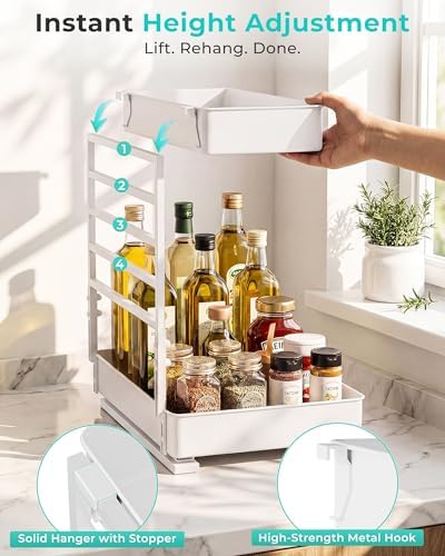 EVERIE Height Adjustable 2 Tier Metal Pull Out Slide Shelf Organizer for Framed or Frameless Under Sink Cabinets in Kitchen, Bathroom, with Snap-on Top Tray (White, 2 Sets) - Image 3