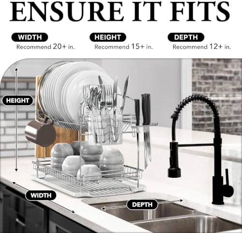 Simple Houseware 2-Tier Stainless Steel Dish Rack with Drainboard, Chrome - Image 3
