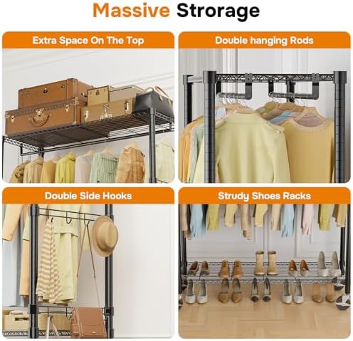 Simple Deluxe Rolling Clothes Rack, Heavy Duty Clothing Rack, 3-Shelf Portable Adjustable Wardrobe Closet with Wheels, Hanging Rods & Side Hooks, 43.3" W x 17.7" D x 80.3" H, Black - Image 3