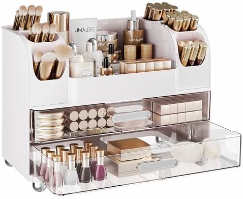 Delamu Large Makeup Organizer Countertop with 6 Brush Holders, White by DELAMU