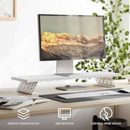 Fenge Monitor Stand Riser, Wooden & Metal Desk Shelf Organizer, White - Image 2