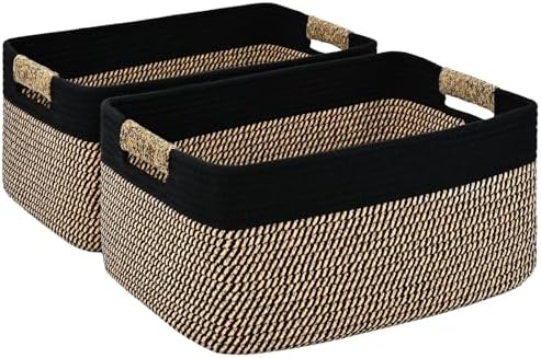 2 Pack Large Storage Basket for Organizing, 17.5"x13"x7" Woven Basket for Shelves, Closet Cube Storage Bins with Wrapped Handle, Cotton Rope Baskets for Kitchen, Clothes, Toys(Black & Brown) by Degeyoyo