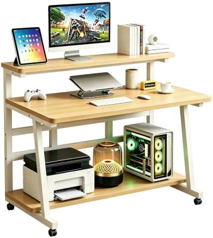 Rolling Computer Desk, 47.2 Inch Small Desks For Small Space, Portable Small Computer Desk with Monitor Stand & 3-Tier Storage, Portable Desk on Wheels for Writing, Home Office, Small Desk for Bedroom by Unknown