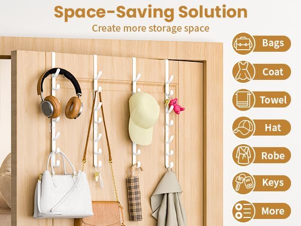 Over The Door Hooks, Metal Door Hooks for Hanging,Door Purse Organizer for Door Coat Hanger, Back of Shower for Hanging Towel Rack Clothes, Hat, Bathroom Bathroom Dorm Bedroom Closet (White-4Packs) - Image 3