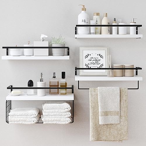 White Wood Floating Shelves Wall Mounted - 4+1 Tier Rustic Bathroom Wall Shelves Over Toilet with Wire Storage Basket and Towel Bar, set of 4 Farmhouse Floating Shelf for Bathroom, Kitchen, Bedroom. by LUDORU