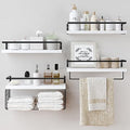 White Wood Floating Shelves Wall Mounted - 4+1 Tier Rustic Bathroom Wall Shelves Over Toilet with Wire Storage Basket and Towel Bar, set of 4 Farmhouse Floating Shelf for Bathroom, Kitchen, Bedroom. by LUDORU