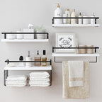 White Wood Floating Shelves Wall Mounted - 4+1 Tier Rustic Bathroom Wall Shelves Over Toilet with Wire Storage Basket and Towel Bar, set of 4 Farmhouse Floating Shelf for Bathroom, Kitchen, Bedroom. by LUDORU