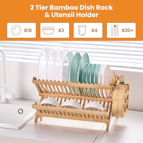 Bamboo Dish Drying Rack, 2 Tier Collapsible Dish Rack with Utensil Holder, Wooden Dish Drying Rack for Kitchen Counter, Large Folding Drying Holder, Dish Drainer 34 pcs Grid - Image 4