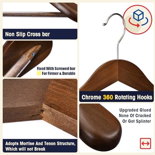 Wooden Coat Hangers - Wide Shoulder Hangers with Non Slip Pants Holder, Heavy Duty, for Men, Women, Suit, Coat, Jacket, Pants (Walnut, 10 Pack) - Image 2