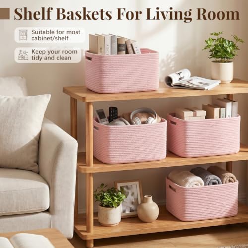 OIASKET 4Packs Natural Cotton Rope Storage Baskets for Organizing Toys, Clothes, Towels & Books, Soft Versatile Organizers for Shelves, Home Decorative Bins, 13''Lx9''Wx7.8''H, Pink - Image 6