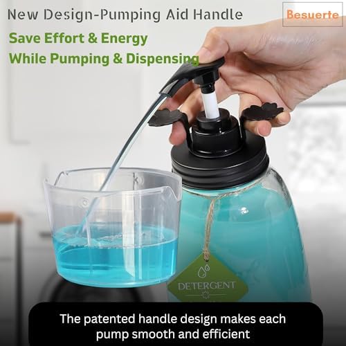 Glass Laundry Detergent Container - Besuerte Large Capacity Liquid Laundry Detergent Dispenser with Refillable & Reusable 2x50oz Mason Jars and Save Effort Pump Aid Handle, Black Cap - Image 4