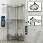 Consumest Corner Shower Caddy Standing - 3-Tier Stainless Steel Shower Organizer with Soap Holder and 4 Hooks, Large Capacity Corner Shelf Stand for Bathroom, Rest Room, Sand Nickel - Image 5