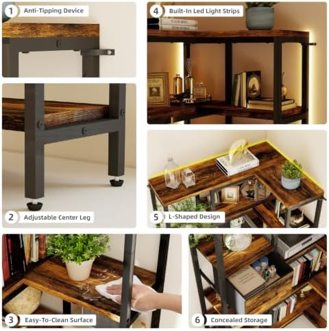 YOSHOOT L-Shaped Corner Bookshelf with LED Light Strips & Fabric Drawer, 5-Tier Industrial Convertible Book Shelf Freestanding Display Shelf for Living Room, Home Office, Bedroom (Rustic) - Image 7
