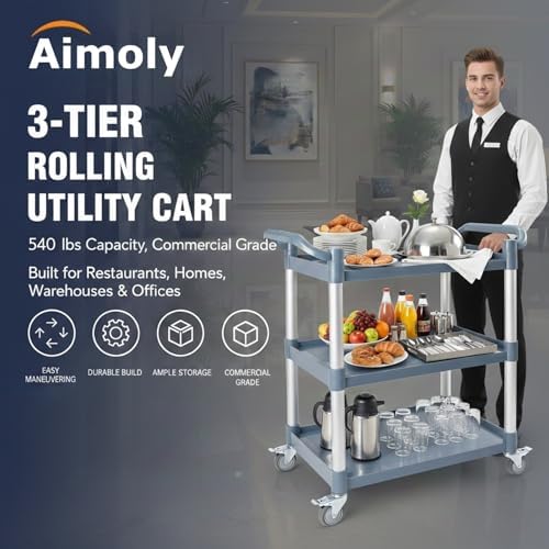 3-Tier Rolling Utility Cart on Wheels, 540 lbs Capacity Utility Service Cart, Commercial Kitchen Cart with 4 Lockable Swivel Casters for Restaurant/Home/Warehouse/Office (40x 19.41x 38.58 in) - Image 2