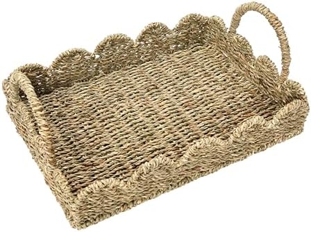 Household Essentials Seagrass Decorative Tray with Scalloped Edge, Handwoven Natural Wicker Organizer Basket with Handles & Iron Frame for Coffee Tables, Bathrooms & Countertops (Pack of 8) - Image 5