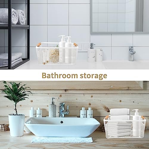 2Pack Metal Mesh Steel Basket with Bamboo Handle - Wire Metal Basket for Kitchen Organization, 12" Wide Food Organizer Bin, Perfect for Organizing Bulk Pantry (WHITE) - Image 5