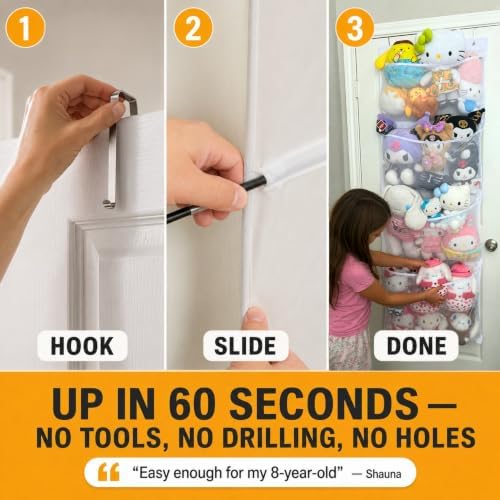 Honeyera The Original Stuffed Animal Storage (Patented) - Over Door Organizer for Stuffies, Baby Ideas Holder, Toy Plush Hammock Hanging Net Big Girls Toddler Large Bag Animals Stuffy Behind - Image 3