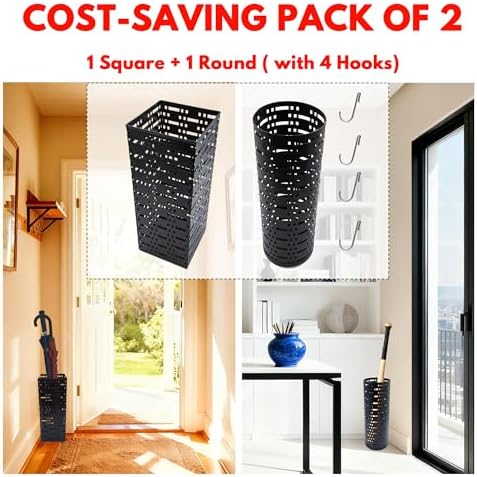 2 Pack Metal Umbrella Stand for Indoor Entry, Entryway Umbrella Holder Rack with 4 Hooks, 16.5" tall Freestanding Umbrella Storage Organizer (Square + Round) - Image 2
