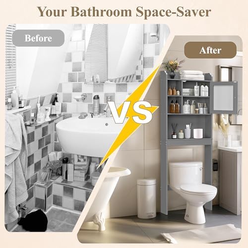 ZENY Over The Toilet Storage Cabinet, Bathroom Organizer with Adjustable Shelf and Double Doors, Freestanding Bathroom Space Saver Toilet Rack (Gray) - Image 7