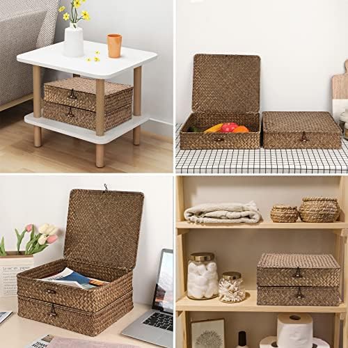 Hipiwe 2 Packs FLat Woven Wicker Basket Bin with Lid, Large Seagrass Baskes - Image 2