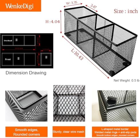 2-Pack Metal Mesh Pencil Holder, Spacious 3-Compartment Desk Organizer for Pens, Makeup Brushes, Utensils, Desktop Storage for Home, Office, School, Kitchen, 10.43x3.35x4.04 Inch, Black - Image 3