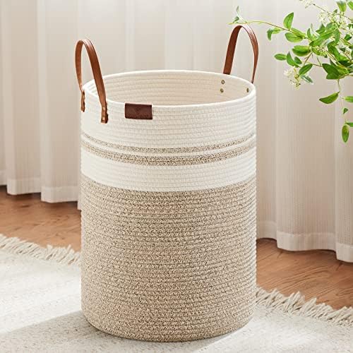 VIPOSCO 72L Tall Woven Rope Laundry Hamper, Leather Handles, Brown & White by VIPOSCO