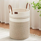 VIPOSCO 72L Tall Woven Rope Laundry Hamper, Leather Handles, Brown & White by VIPOSCO